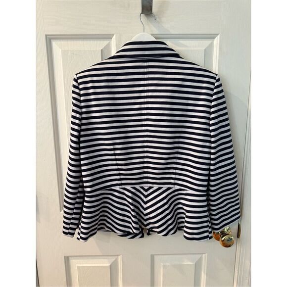 Tahari Navy & White Stripe Peplum Zip Up Origami Collar Jacket Blazer sz 12 NWOT - Picture 8 of 9